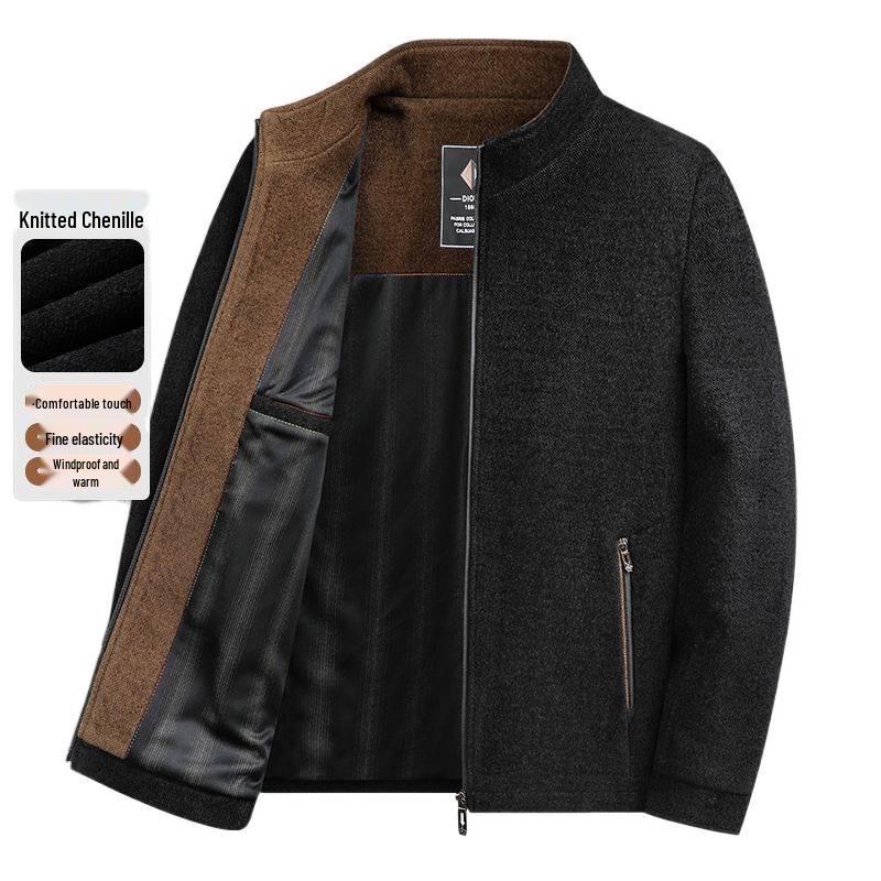 Chenille Stand-Collar Jacket for Men - Mid-Length, Loose Fit, Spring/Autumn Style for Middle-Aged and Elderly