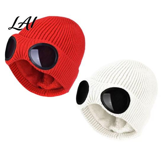 Fashionable Costume Hat for Parties 2Pcs Fleece Lined Hats with Goggles Warm Winter Knit Acrylic Hats Windproof Skiing Caps Men Women Cycling Hiking