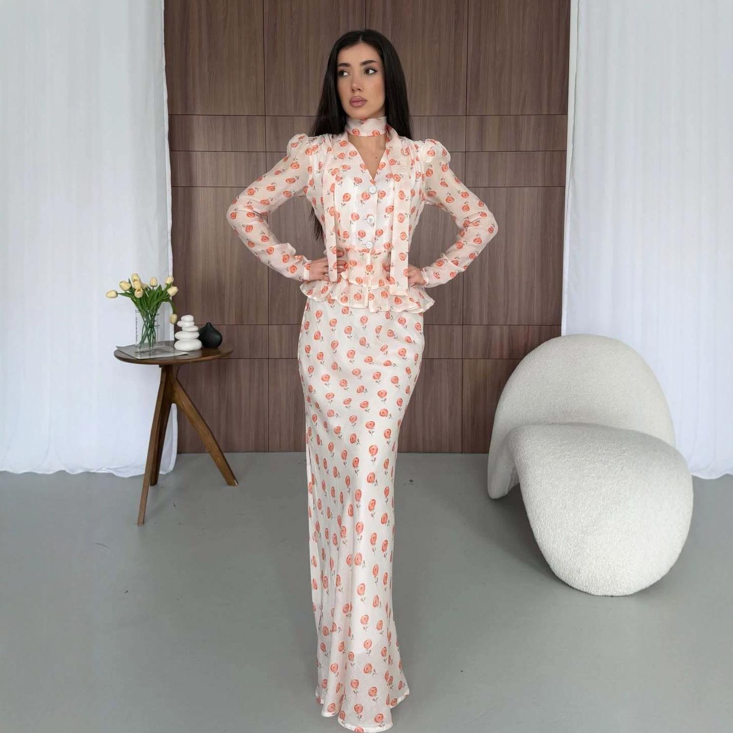 cross-border European beautiful woman floral V-neck lace-up waist ruffle edge long-sleeved top A word casual skirt set XS