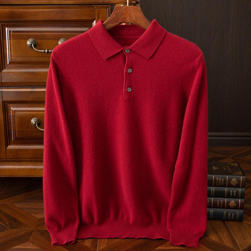 Autumn And Winter 100 Wool Sweater Men'S Polo Neck Sweater Loose Lapel Cashmere Sweater Long-Sleeved T-Shirt Knitted Sweater Men'S