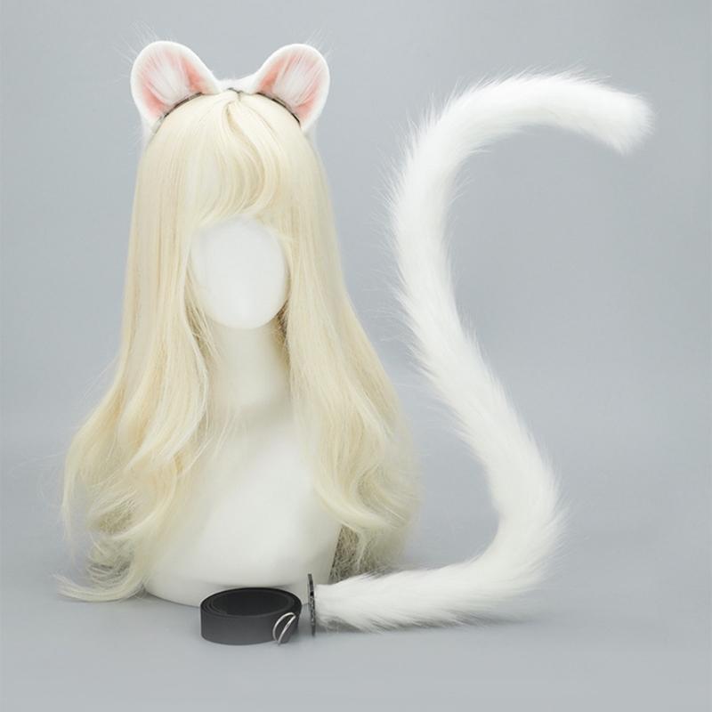 Mouse Costume Accessories Faux Furs Foxes Tail and Ears Headband Set Animal Halloween Cosplay Costume for Women Men