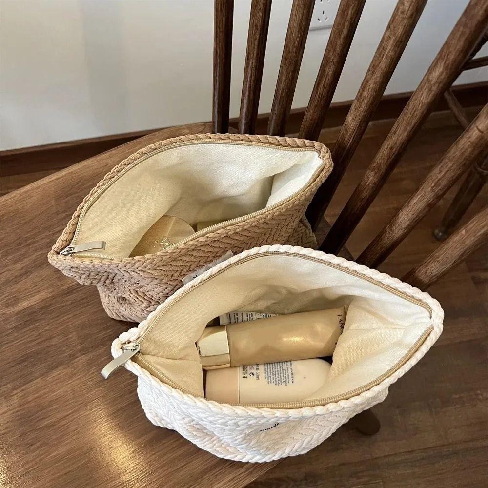 Woven Fabric Makeup Bag for Women Solid Color Canvas Clutch Bag Toiletry Storage Bag  Travel