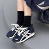 Retro leather color matching spring and summer new round head thick sole heightening breathable mesh sneakers