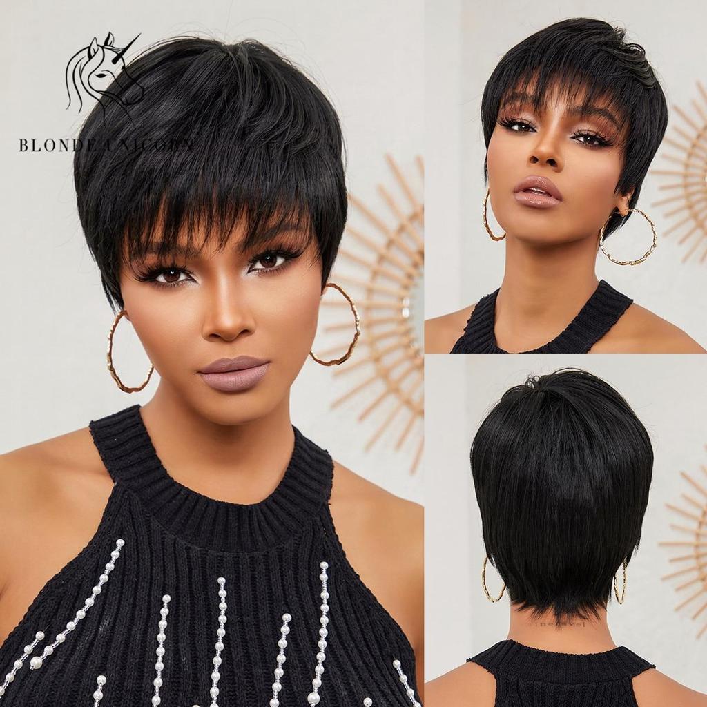 BLONDE UNICORN Blcak Wig Short Bob Wig Synthetic Natural Pixie Cut Hair Wigs Daily Party Use For Women Heat Resistant Fiber