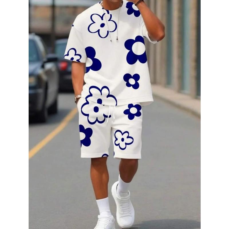 Summer Men's Breathable and Comfortable Round Neck T-shirt Shorts with Printed Pattern Outdoor Casual Two-piece Set