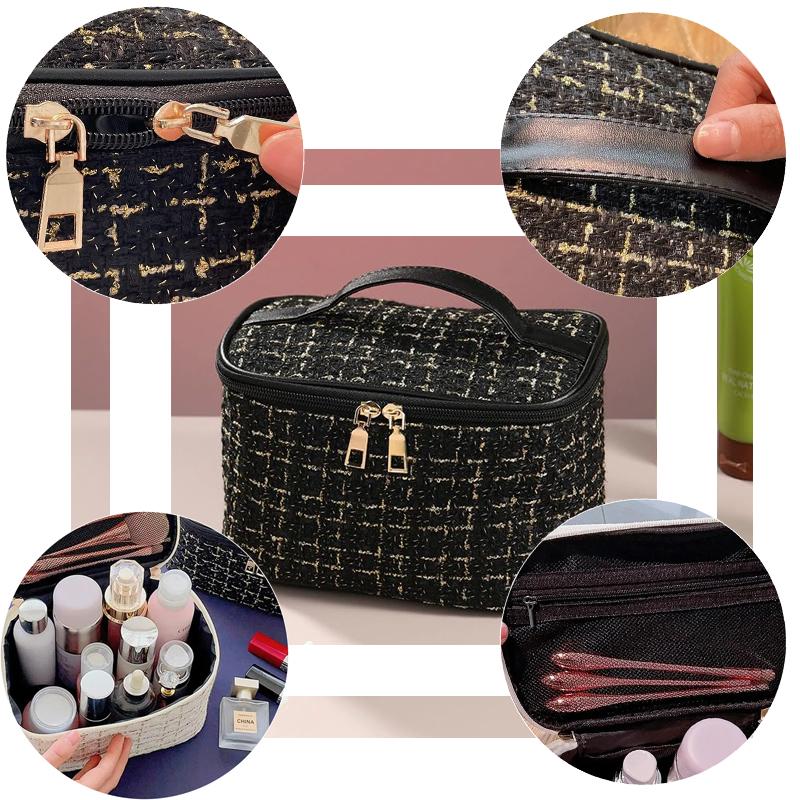 Fashion Cosmetic Bag Large Capacity Portable Handbag Plaid Travel Makeup Bag Portable Toiletries Organizer Bathroom Storage Case