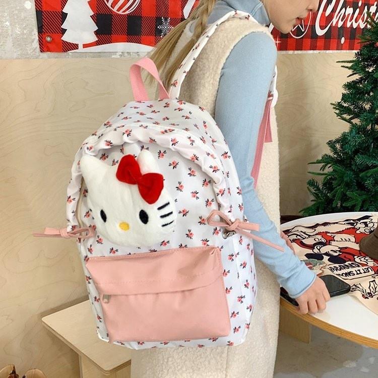 Linabell Cat With Printing Cartoon Girl Backpack Nylon Bag Student
