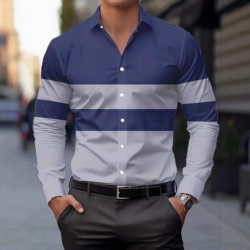 2026 Men's 3D Printed Contrast Color Lapel Design Formal Shirt Long Sleeve Casual Button-Down Shirt