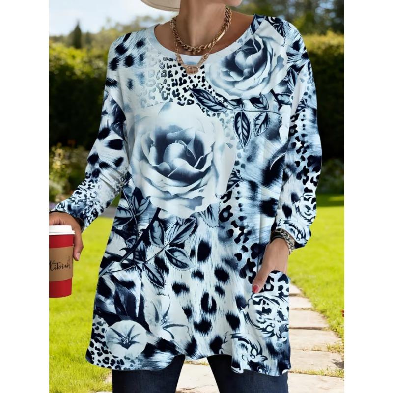 Women's long-sleeved round-neck T-shirt, suitable for spring, autumn and winter seasons. It has pockets and print designs. machine washable.