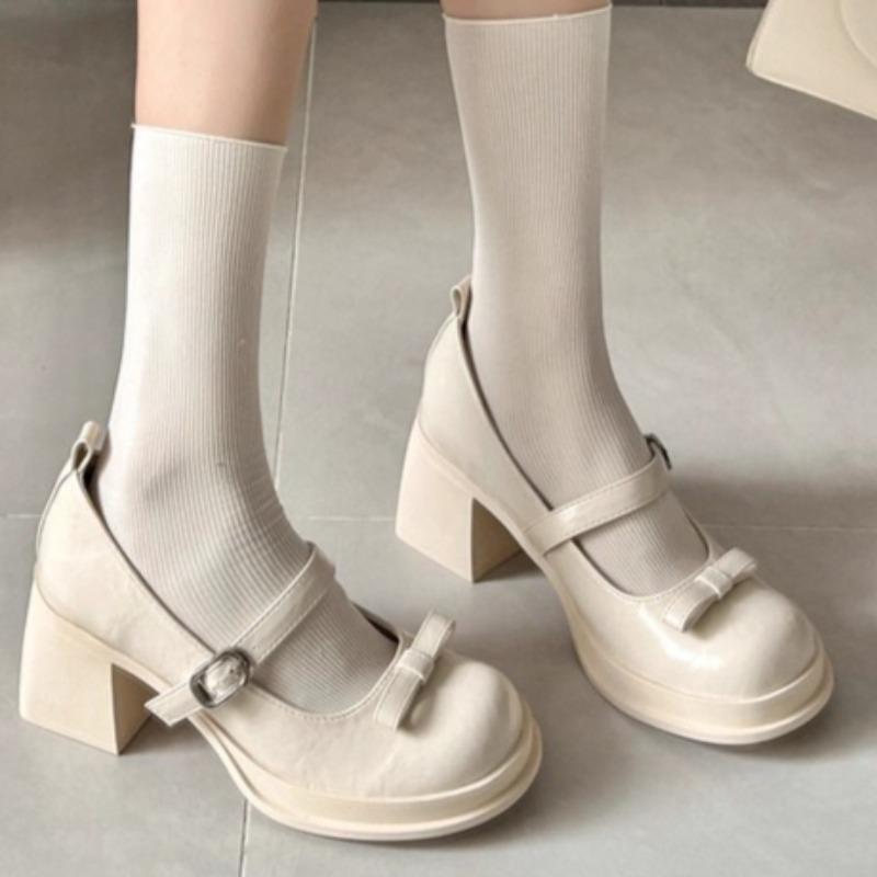 Fashion One Bow Mary Janes Women's Fashion Round Toe Shallow Mouth Platform Non-Slip Block Heel Single Shoes