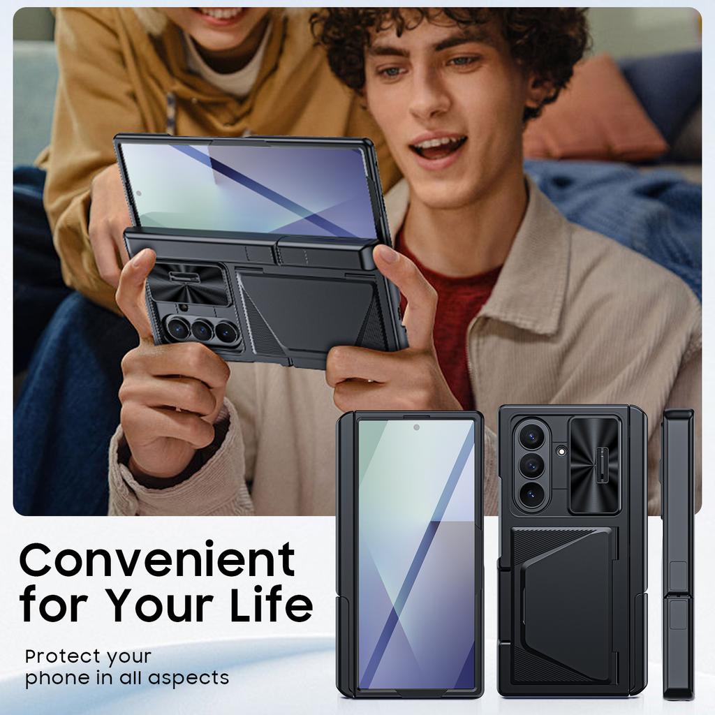 Für Samsung Galaxy Z Fold 7 Mit Kartenhalter RFID-Blockierung, Eingebaute Schiebe-Kameraabdeckung & Scharnierschutz & Ständer & Displayschutz, Brieftaschen-Hülle-Schwarz
