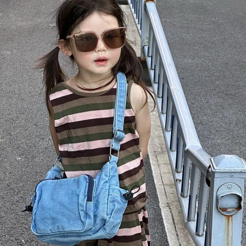 Stylish Korean Minimalist Denim Shoulder Bag For Kids In Blue Black And Dark Blue Colors