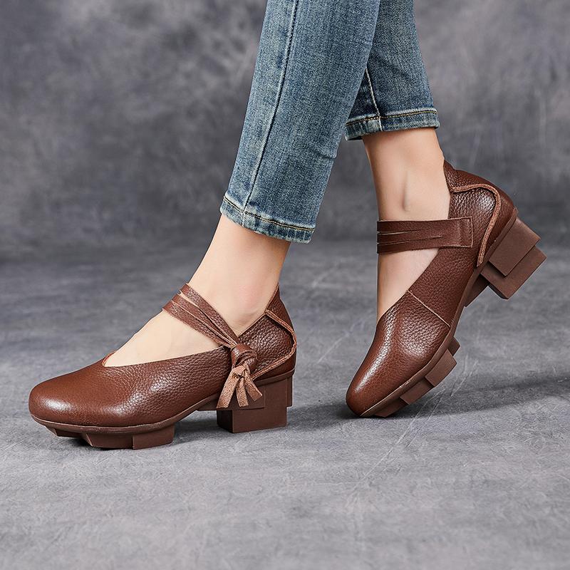 Fashion GKTINOO Retro Thick Heel Women Shoes Hook Loop Mary Jane Loafers Luxury 5 Cm Pumps Genuine Leather Sewn Square Heel Single Shoes
