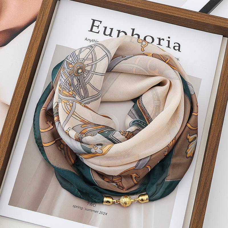 Sciarpa Quadrata in Seta Chiffon con Fibbia Magnetica di Lusso per Donna, Protezione per il Collo, Sciarpe alla Moda per l'Estate