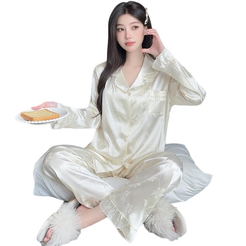 High-End Jacquard Lotus Leaf Edge Design Ice Silk Pajamas Women'S Long-Sleeved Loungewear Two-Piece Set