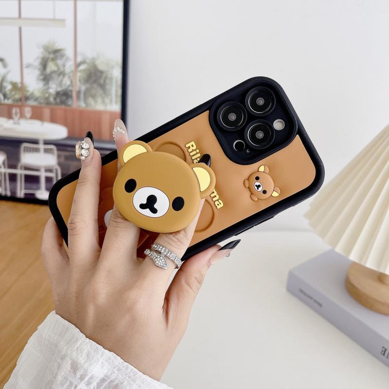

3D Stereo Rilakkuma Silicone Phone Case for iPhone 15/16/17 with Kickstand, Anti-drop, Cute Cartoon Design хаки