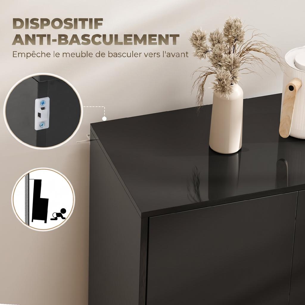Sideboard Storage Unit, 2 Sliding Drawers, 4 Doors, Particleboard, 140 x 36 x 74 cm, Black