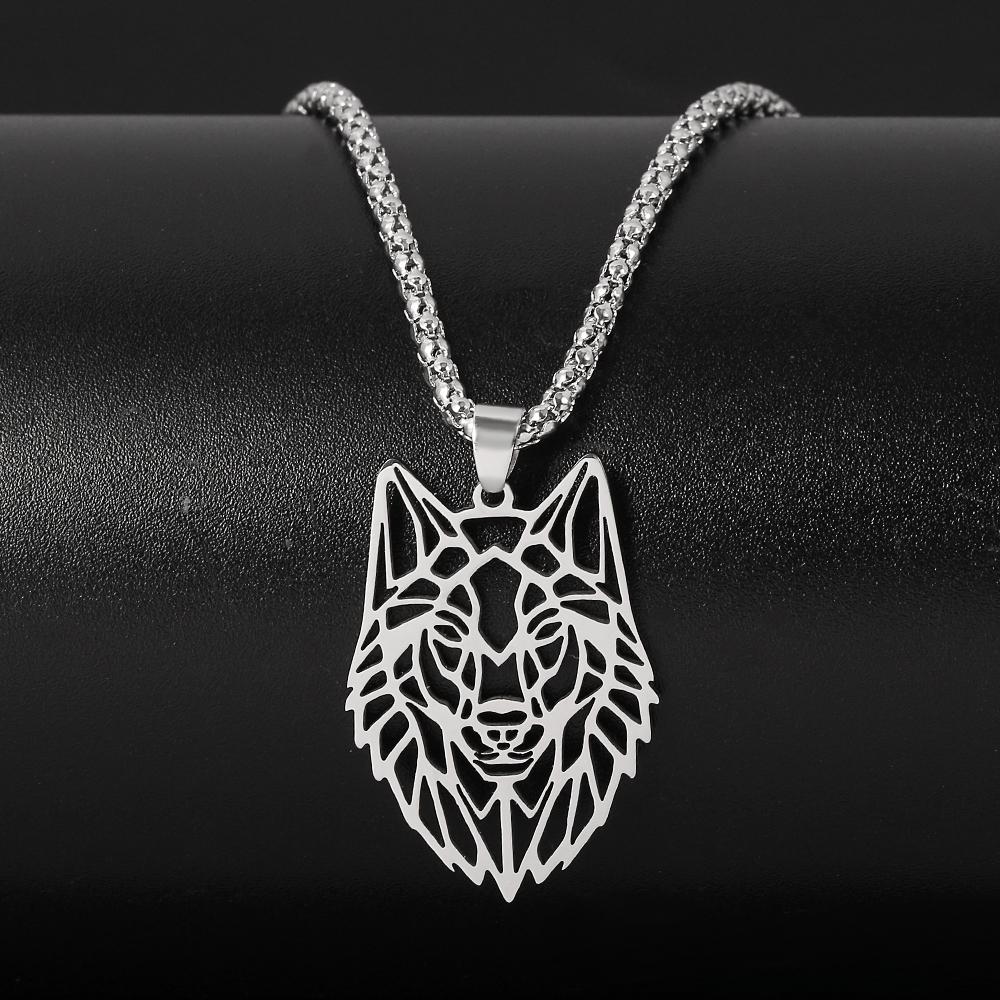 Hollow Wolf Head Pendant Necklace For Men Silver Stainless Steel Punk Long Chain Jewelry