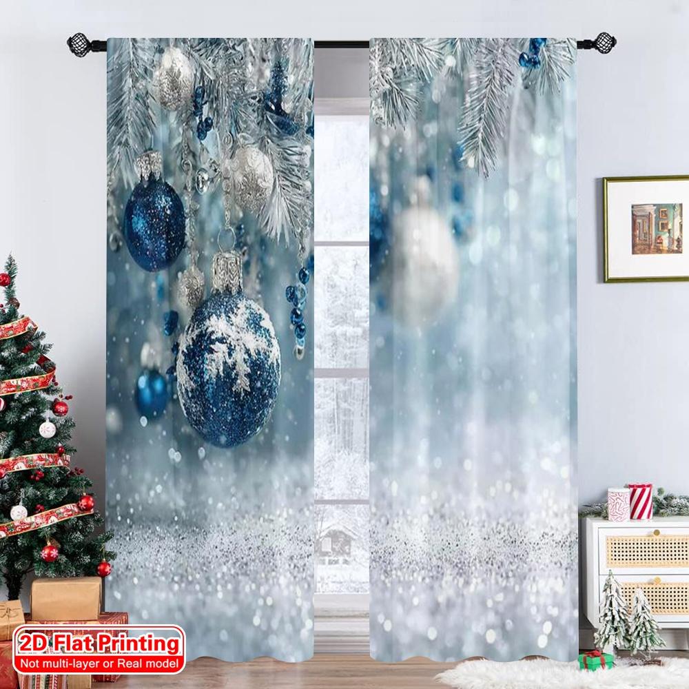 Flat Printing Merry Christmas Party Curtains Blue Snowflakes Fabric Without Electricity Family Curtain Set Of 2 Made Polyester Washable