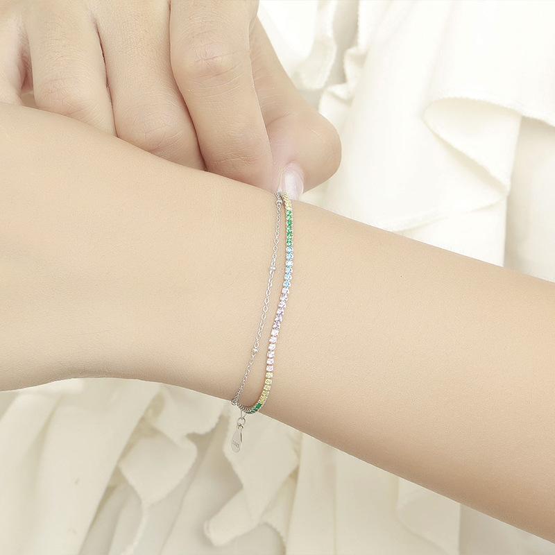 Zirkon-Regenbogenarmband, vielseitig und stapelbar, S925-Silberfarbe voller Diamanten, leichtes, luxuriöses Nischendesign, einfaches verstellbares Armband