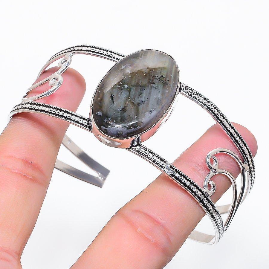 Natural Labradorite Gemstone 925 Sterling Silver Cuff Bangle Adjustable A0A08