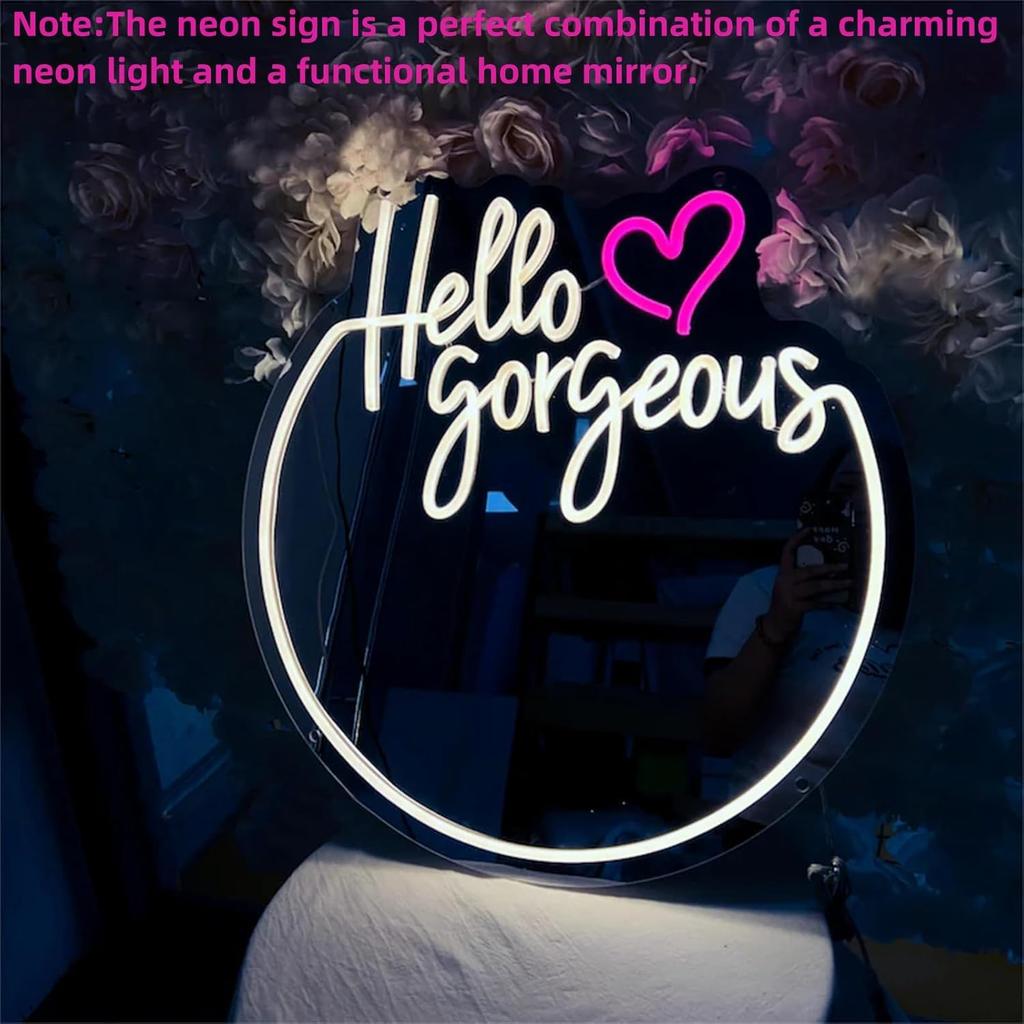 Hello Gorgeous Neon Sign for Wall Decor USB Powered LED Neon Light Mirror Sign with Adjustable Brightness Light Up Sign for Bedroom Girls Rooms