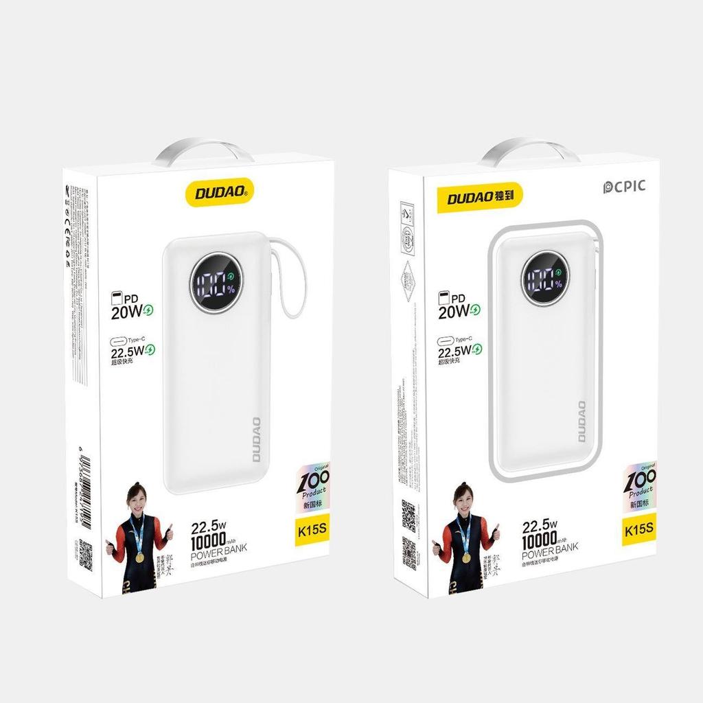 Dudao Powerbank 10000Mah Usb-A/Usb-C 22.5W + Kabel Lightning I Usb-C Biały