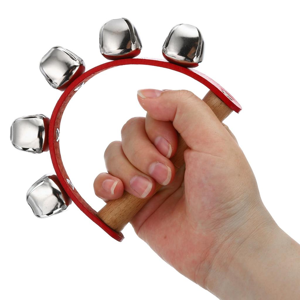 PATIKIL 6-Piece Jingle Bell Hand Bells, Handheld Wrist Bells, Wooden Percussion Instrument with 5 Bells, for Music Classes, Parties, and Christmas,