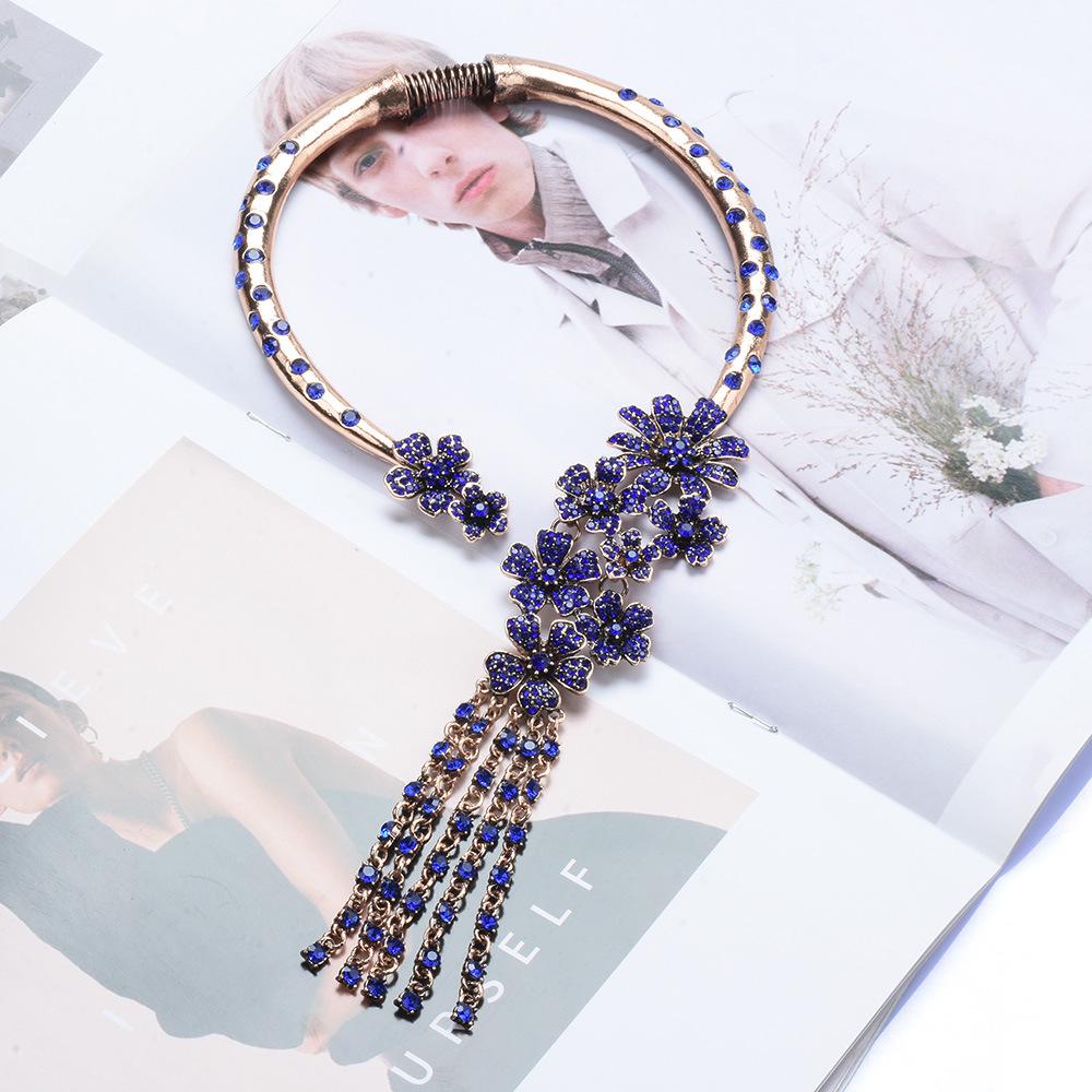 Personality: Vintage Alloy Choker, Blue Rhinestones, Exaggerated Necklace Accessory, Long Clavicle Chain, Tassel Necklace