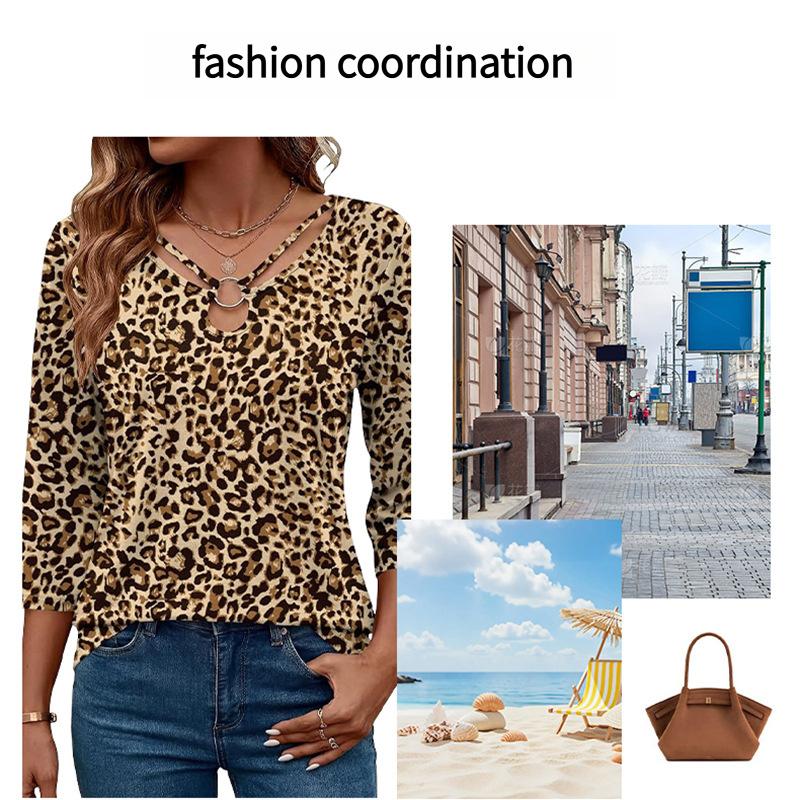 Spring new fashion simple leopard print top casual trendy three-quarter sleeve T-shirt