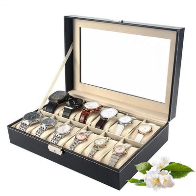 12 Grids Leather Watch Box Display Case Holder Black Storage Box Glass Jewelry Organizer for Men & Women Best Gift Box