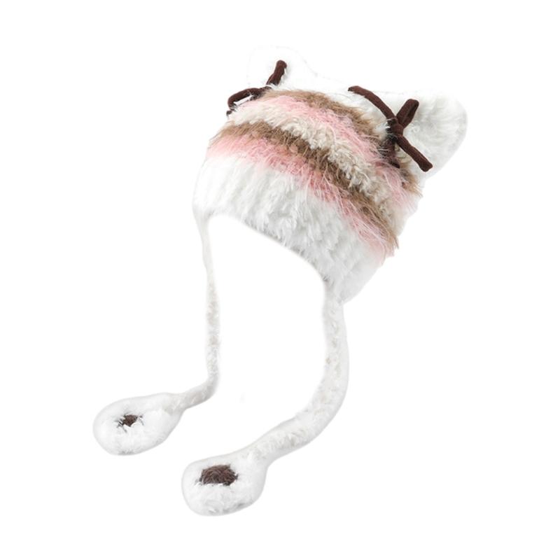 Couvre-tête de dessin animé poilu avec oreille pour sports de plein air Chapeau rayé avec oreille Couvre-chef surdimensionné Chapeau pour l'hiver