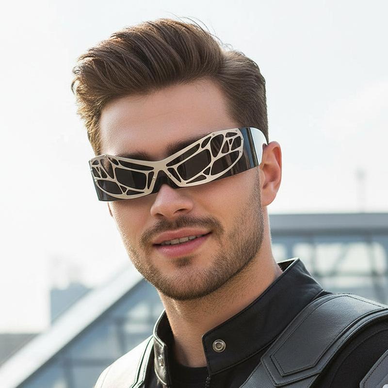 Futuristische Punk-Hip-Hop-Brille für Damen und Herren - Kräftiger geometrischer randloser Rahmen & Verlauf Geeignet für Party, Freizeitkleidung, Hip-Hop,