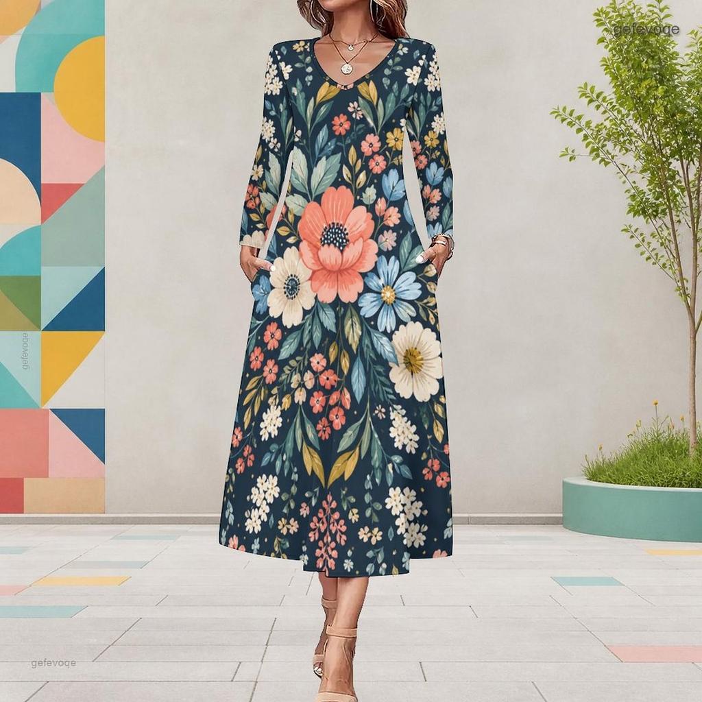 Plus Size Women V Neck Long Sleeve Black Purple Rose Printed A Line Midi Dress With Pockets