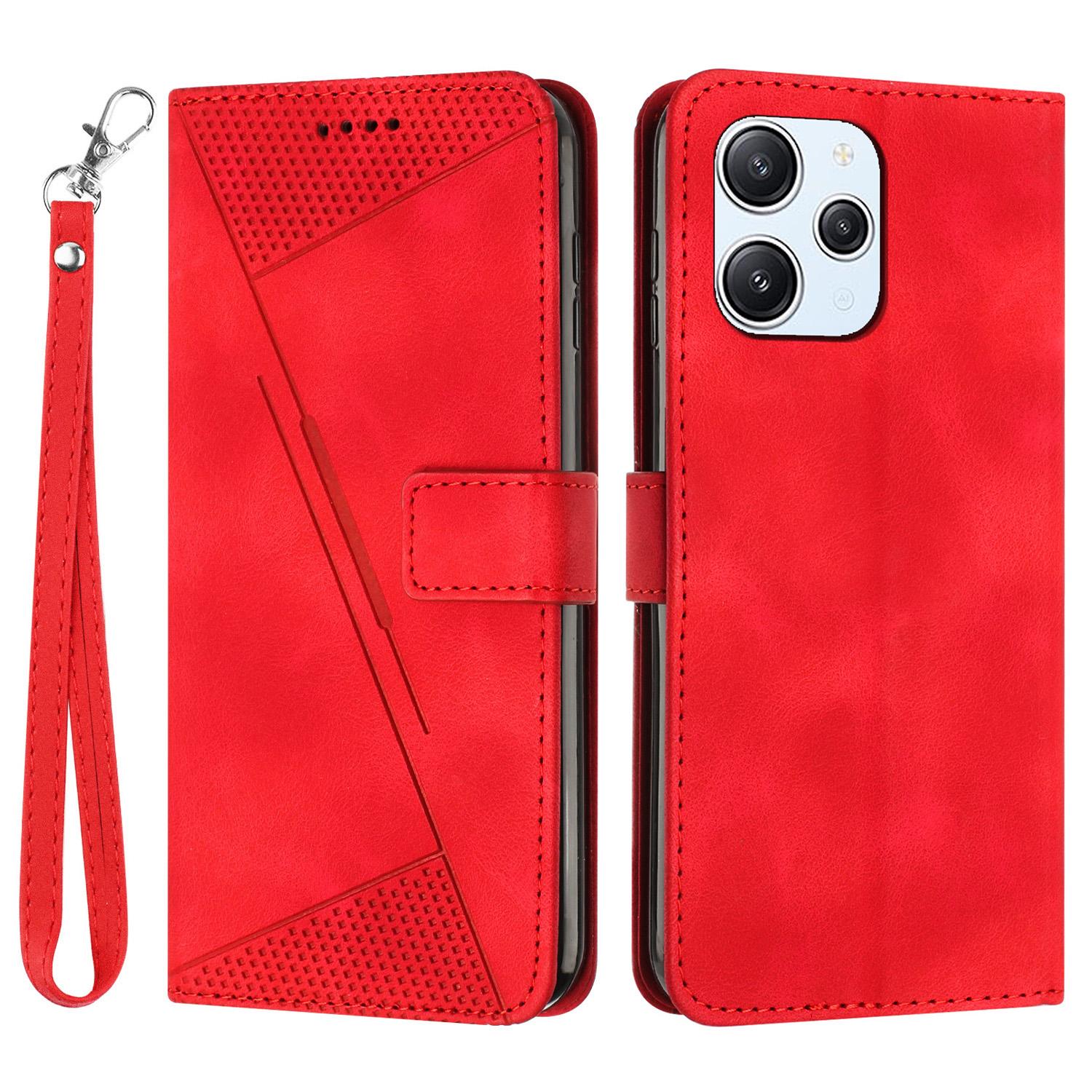 

Leather Protective Cover for Xiaomi Redmi 12 4G,Triangle Imprint Wallet Stand Phone Case with Strap Red