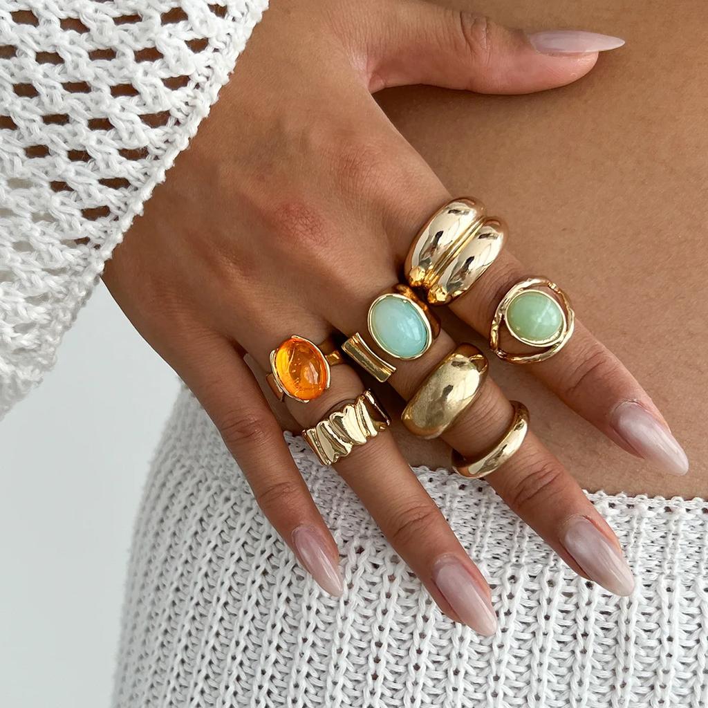 7Pcs/Set Elegant Vintage Colorful Rhinestone Luxury Irregular Rings Set for Women Bohemian Adjustable Ring 2025 New Jewelry