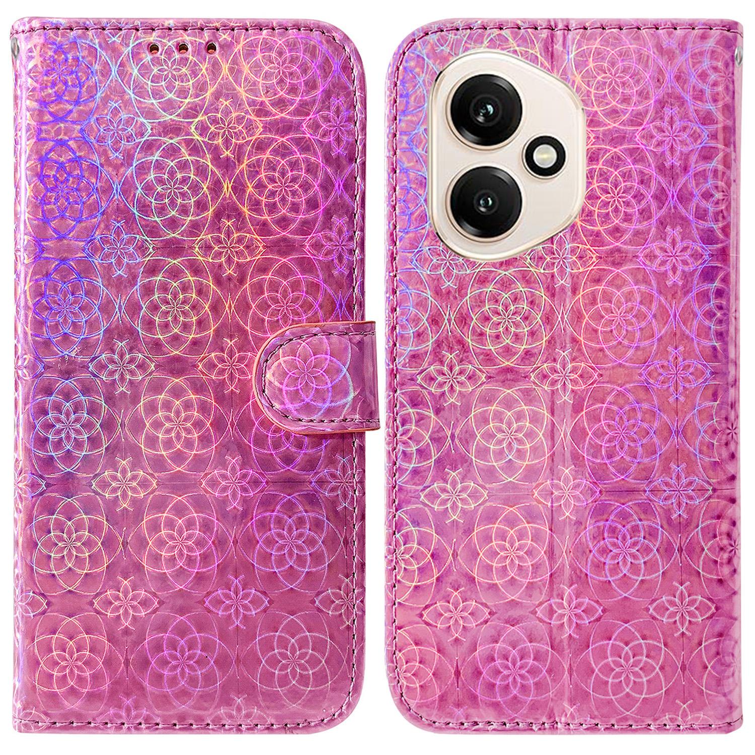 

For Honor 400 5G (Global) Stand Case Dazzling Flower Leather Phone Cover with Wrist Strap Pink