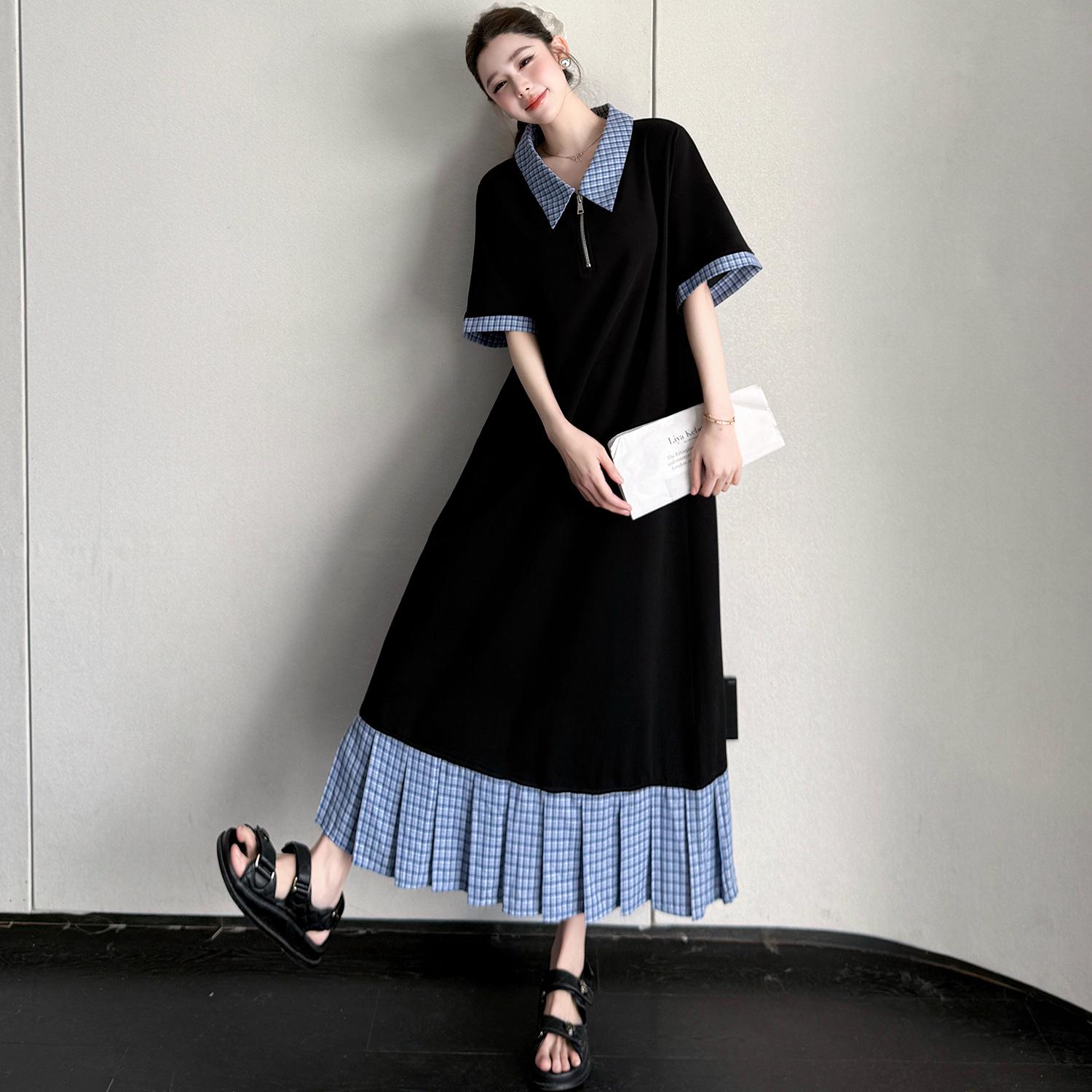 

E-61013 Summer 2026 Color Block Plaid Patchwork Polo Collar Dress 3XL чёрный
