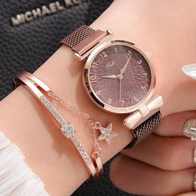 Luxury Women's Bracelet Quartz Watch Women's Magnetic Watch Women's Pink Dial Watch Clock