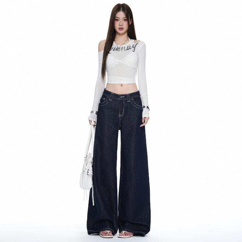 Dark blue design wide-leg jeans for women, autumn new high-waisted loose-fitting and thin floor pants