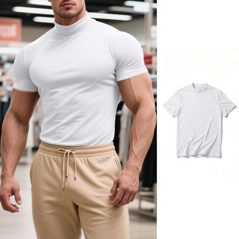 

Летняя новая мужская повседневная футболка, Модная футболка с полувысоким воротником, облегающая однотонная XL белый