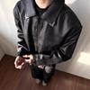 Black leather jacket men's spring and autumn ruffian handsome American retro trendy brand crack texture pilot locomotive jacket