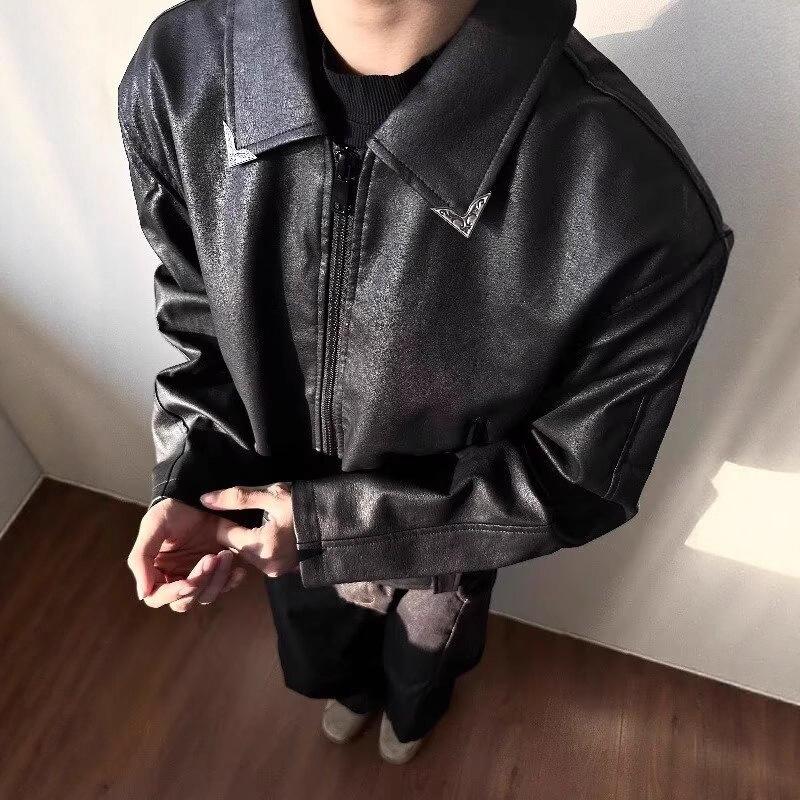 Black leather jacket men's spring and autumn ruffian handsome American retro trendy brand crack texture pilot locomotive jacket