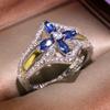 High Quality Blue Crystal Horse Eye Zircon Cross Flower Women Ring European and American Gold-plated Two-tone Ring Jewelry Gift
