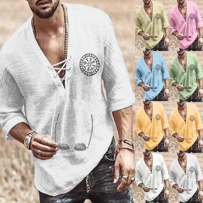 Men's Spring Summer Casual Fashion Drawstring Cotton Linen Solid Colour V-neck Long Sleeve