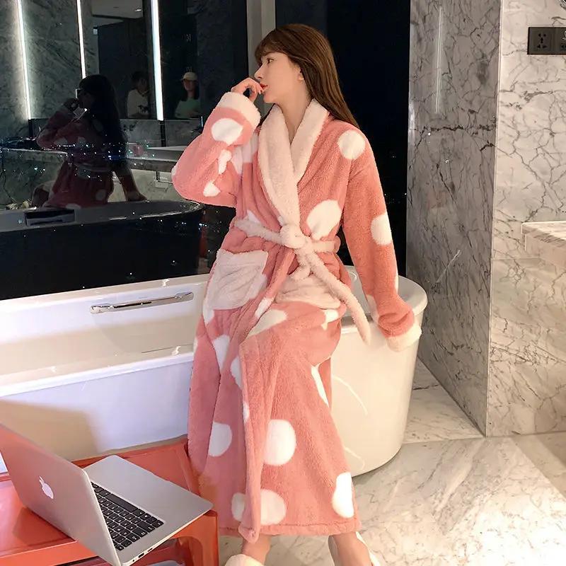 

Женский халат с принтом длиной до середины икры, зимний, теплый и утолщенный, в корейском стиле, домашняя одежда, повседневный и популярный женский свободный халат L