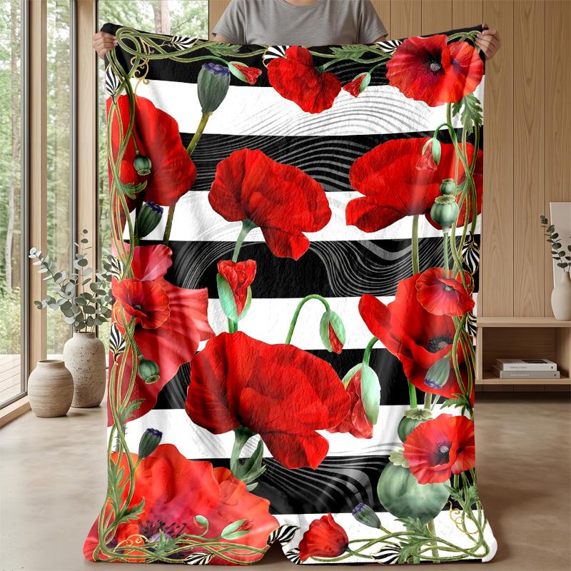 Red Poppies and Butterflies Theme blanket Lightweight Warm Flannel Blanket Decorative Throw Blanket for Home Decoration