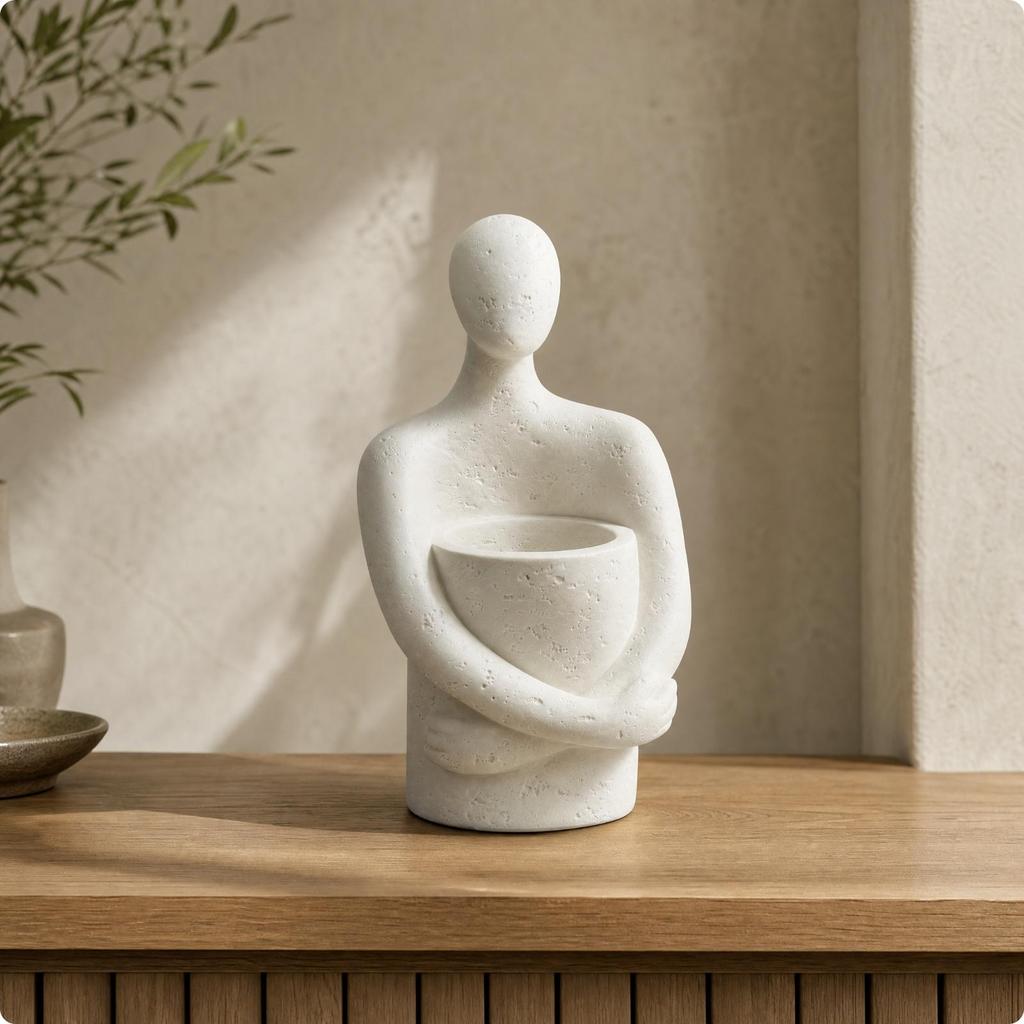 Seated Figure Planter with Attached Bowl Sculptural Abstract Human Compact for Indoor