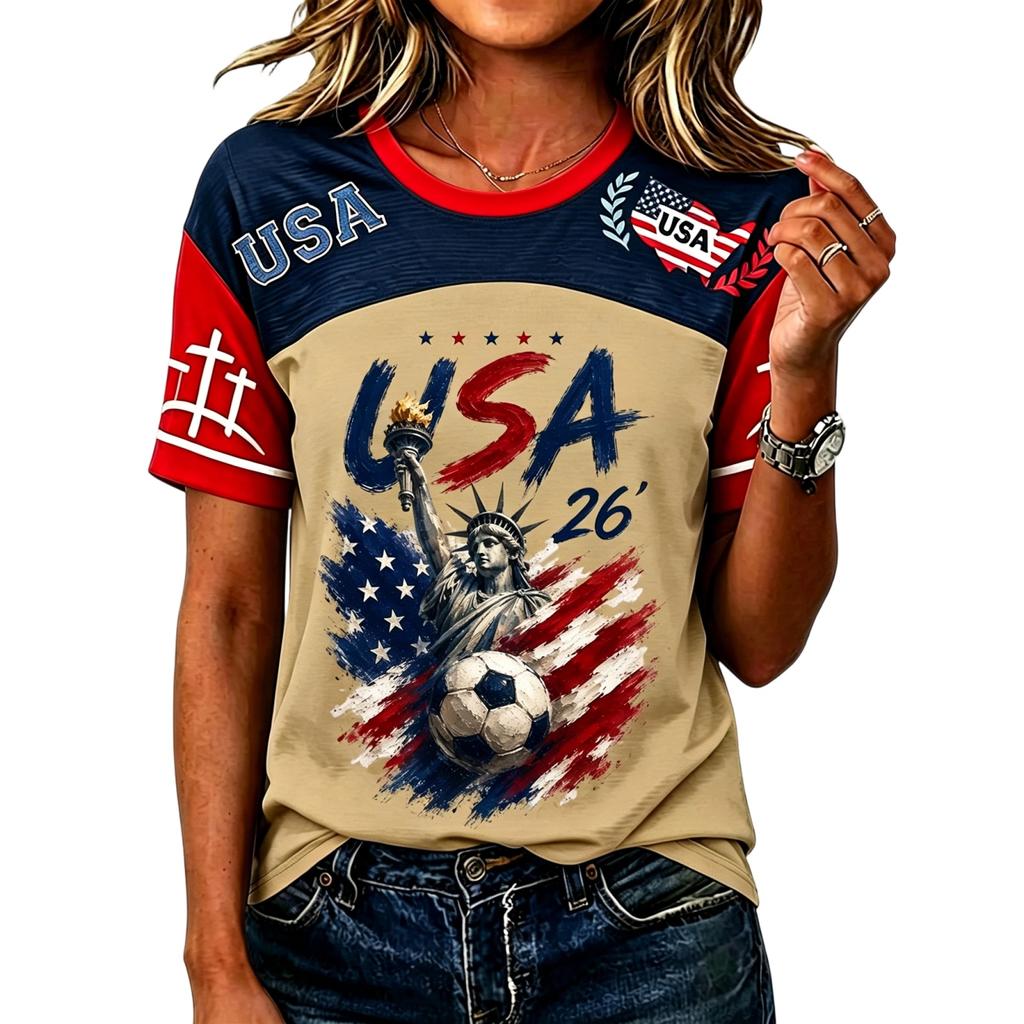 Women’s Casual Short Sleeve Pullover Crewneck Top with Soccer Graphic and USA Letter Print for Everyday Wear