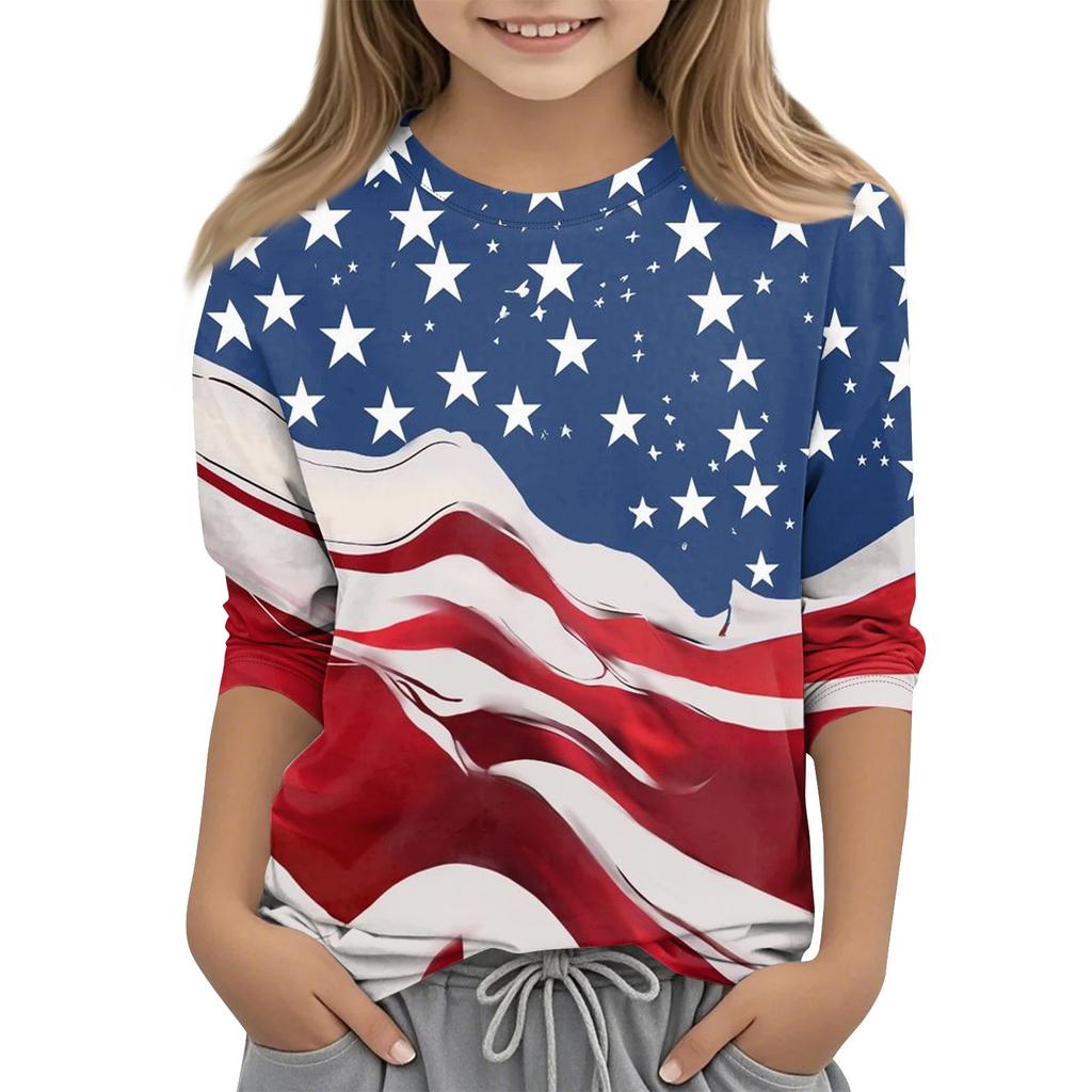 Children's Independence Day Printed Round Neck Seven Quarter Sleeve Casual T-shirt